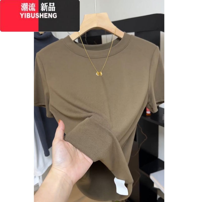 YIBUSHENG纯色短袖正肩圆领t恤女2024季新款修身显瘦莫代尔薄款打底上正高清大图