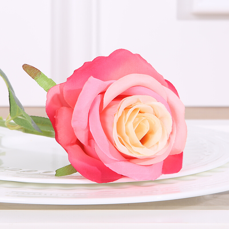 玫瑰花单支玫瑰花花束假花塑料花绢花客厅落地婚庆设花艺装饰粉边1支