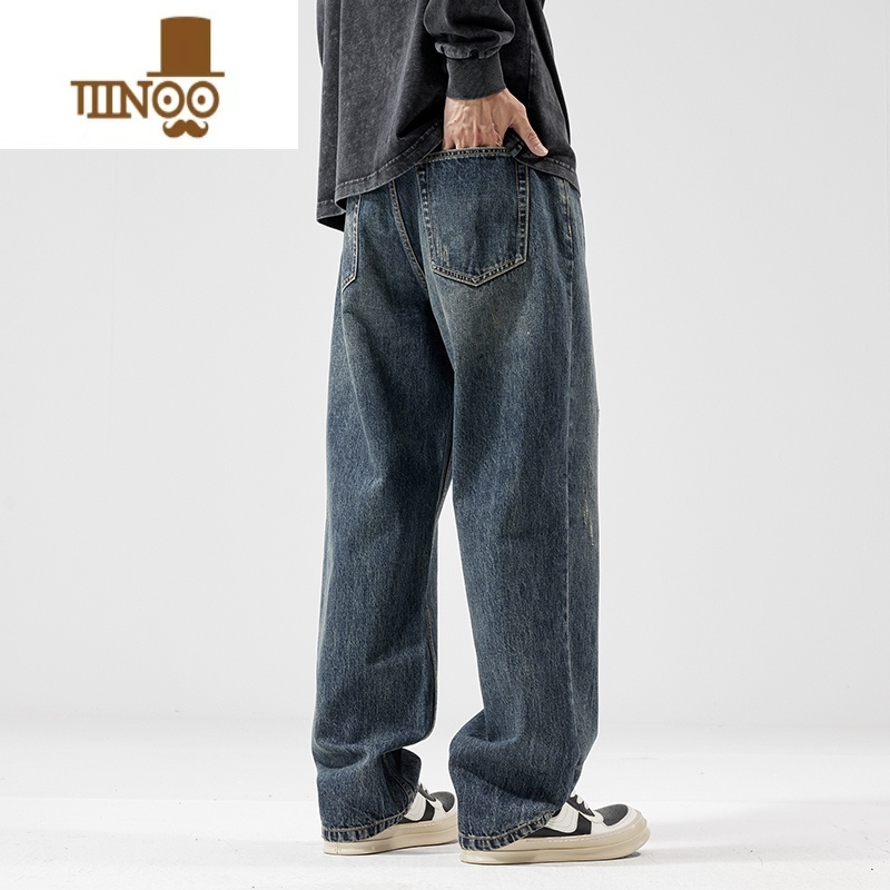 YANXU96棉美式复古宽松阔腿牛仔裤男拖地水洗高街直筒早秋季长裤子高清大图