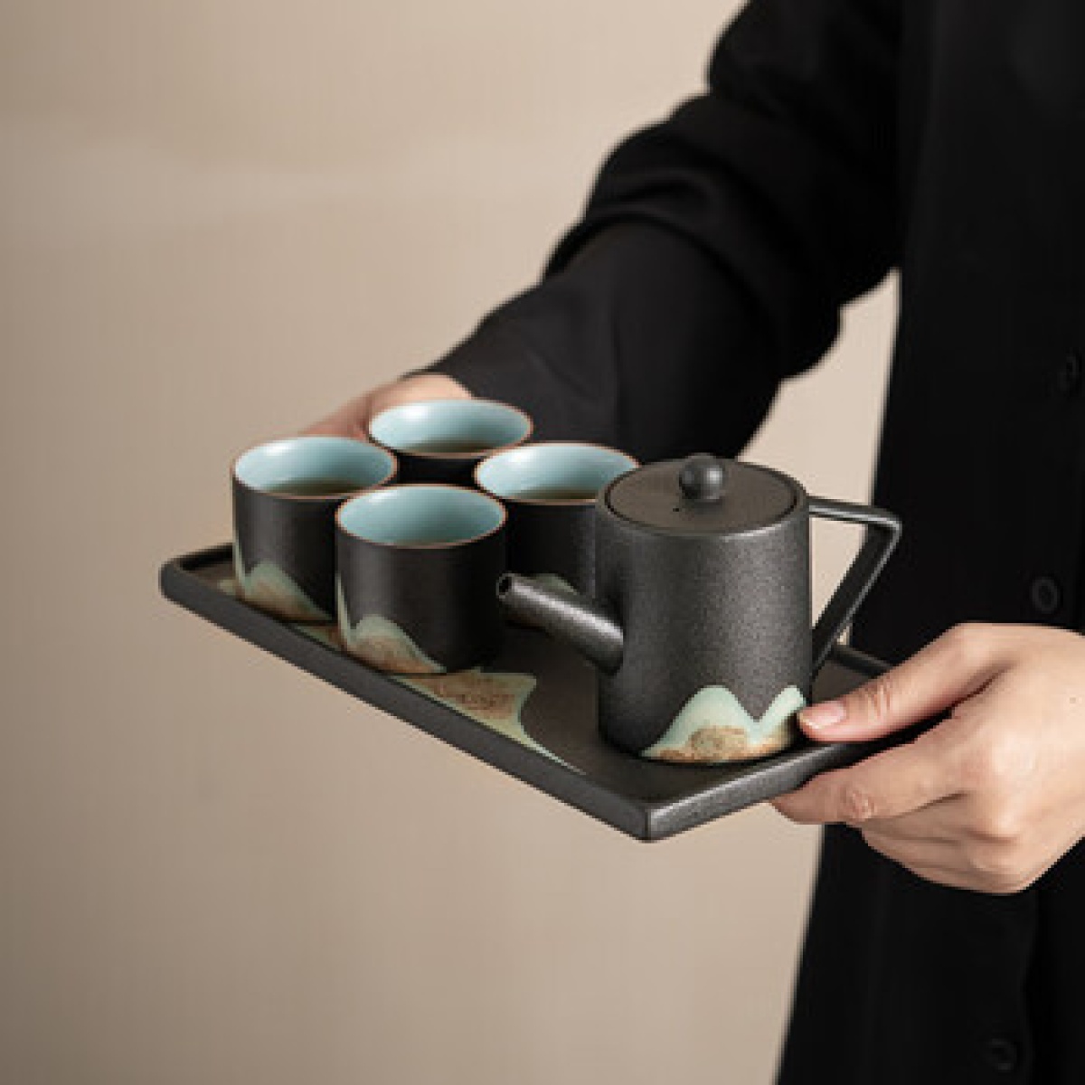 苏氏陶瓷手绘彩画整套茶具配干泡盘直筒壶茶叶罐7件功夫茶杯茶具节日礼盒_高清大图