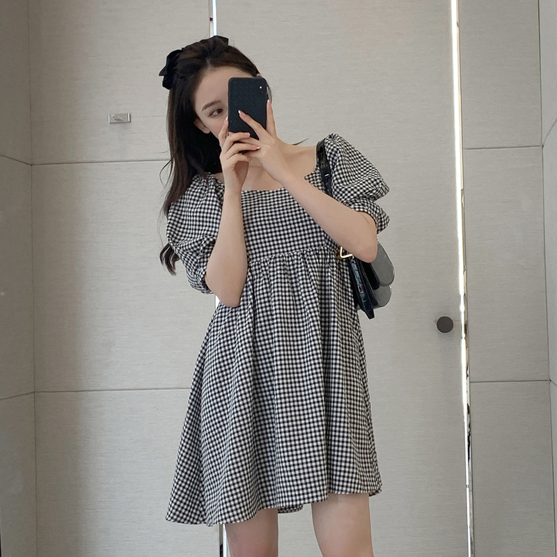 [2.5折价103元]唐狮早春装新款女格子连衣裙泡泡袖小方领宽松收腰显瘦潮流ZW