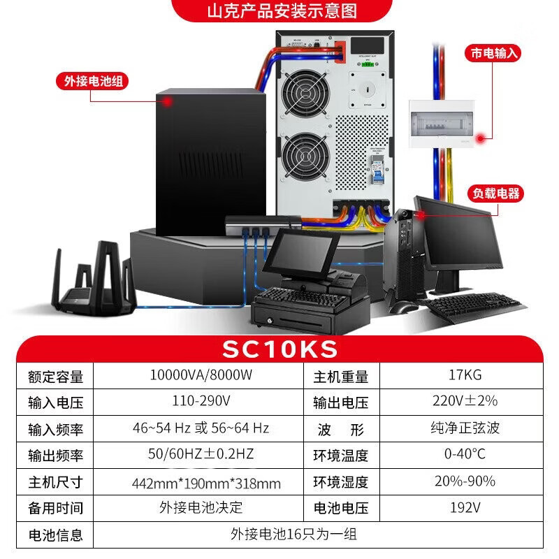 山克 SC10KS 在线式UPS不间断电源10KVA8000W长延时UPS外接电池延时 2小时套餐含电池