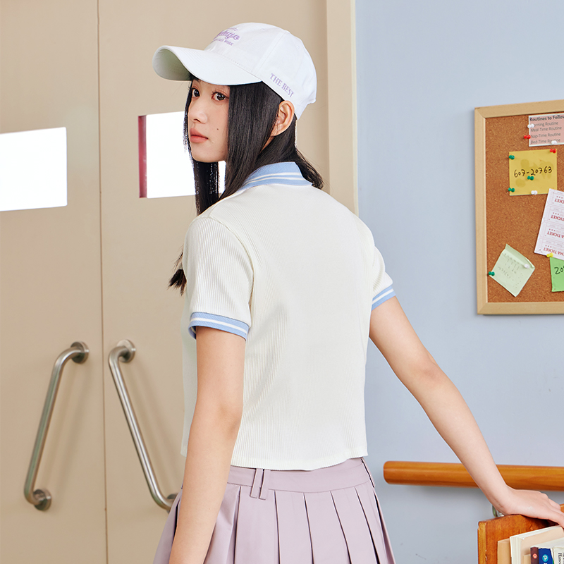 361°POLO衫运动T恤女新款短款修身上衣翻领透气短T袖女款高清大图