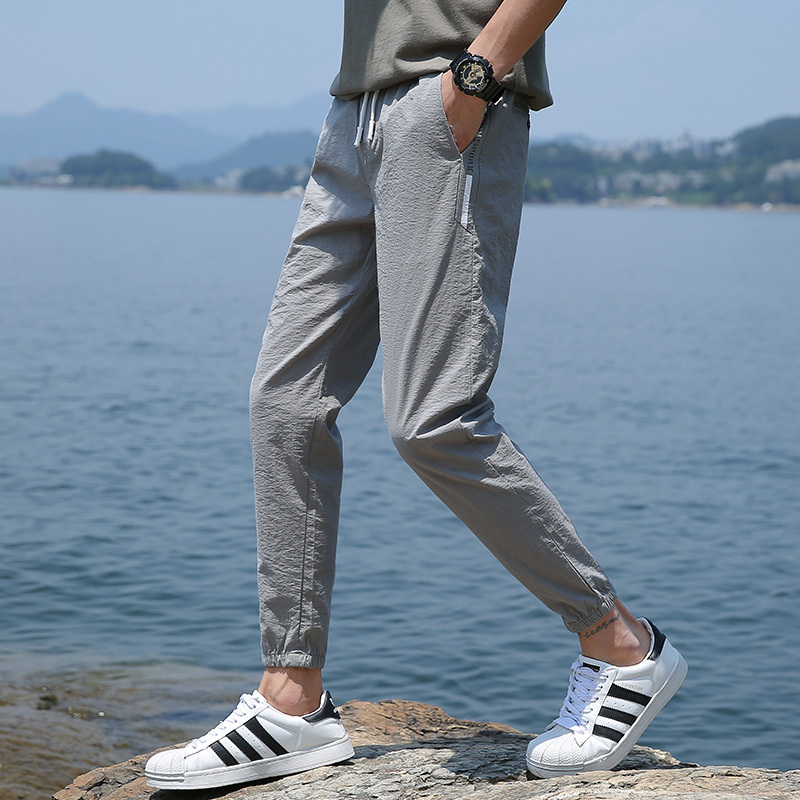 亚木2018夏季新款男士修身长裤韩版潮流裤子男时尚休闲潮流九分小脚裤新款