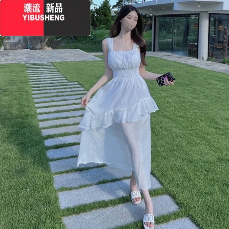 YIBUSHENG韩国东大门新款气质性感方领收腰显瘦减龄荷叶边吊带无袖连衣裙女