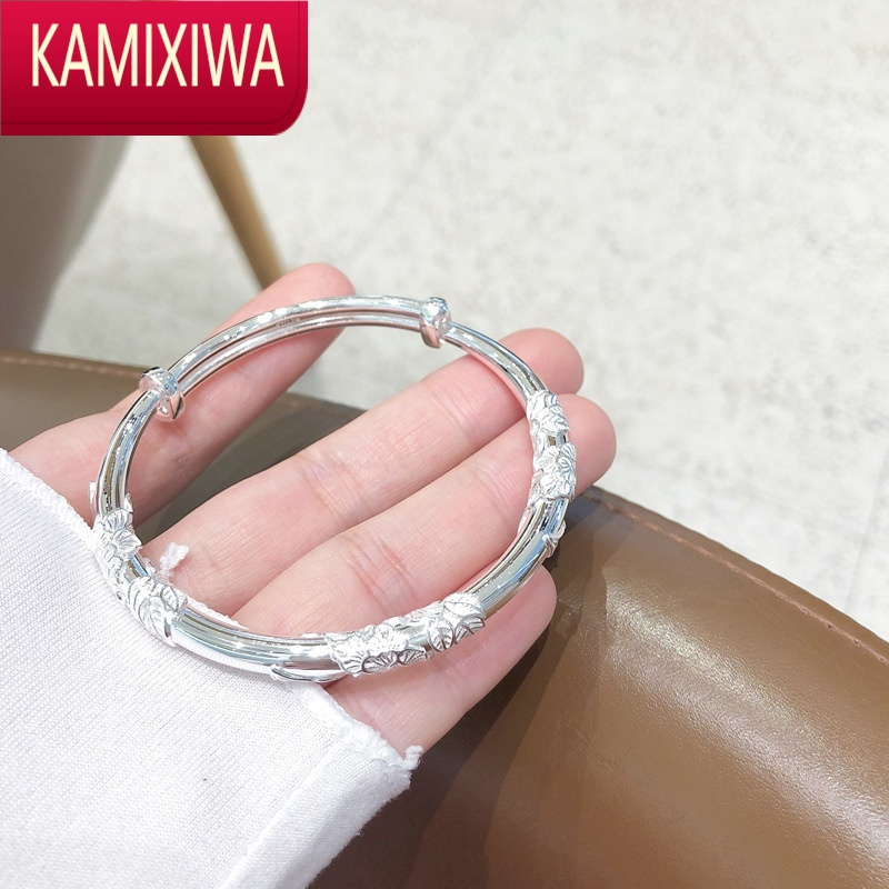 kamixiwas999银手镯女繁花实心足银镯子年轻款复古浮雕花丝时尚银饰