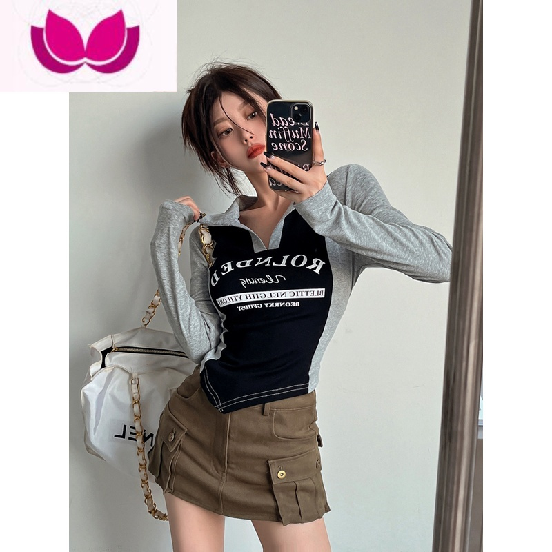七斓美式不规则领T恤女春季新款复古甜辣紧身打底衫正肩长袖上衣