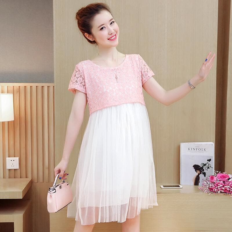 迪鲁奥(DILUAO)孕妇装孕妇夏装新款孕妇连衣裙蕾丝网纱中长款连衣裙孕妇裙B58-35 粉色 均码图片