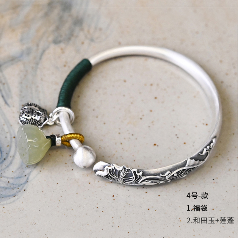 花语诗月银手镯女999银民族风时尚高浮复古开口实心手工古风银镯子