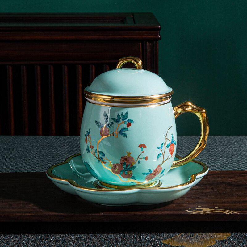Gao Chun Ceramics 高淳陶瓷杯办公室泡茶陶瓷过滤带盖杯子珐琅描金骨瓷滤茶杯350ml