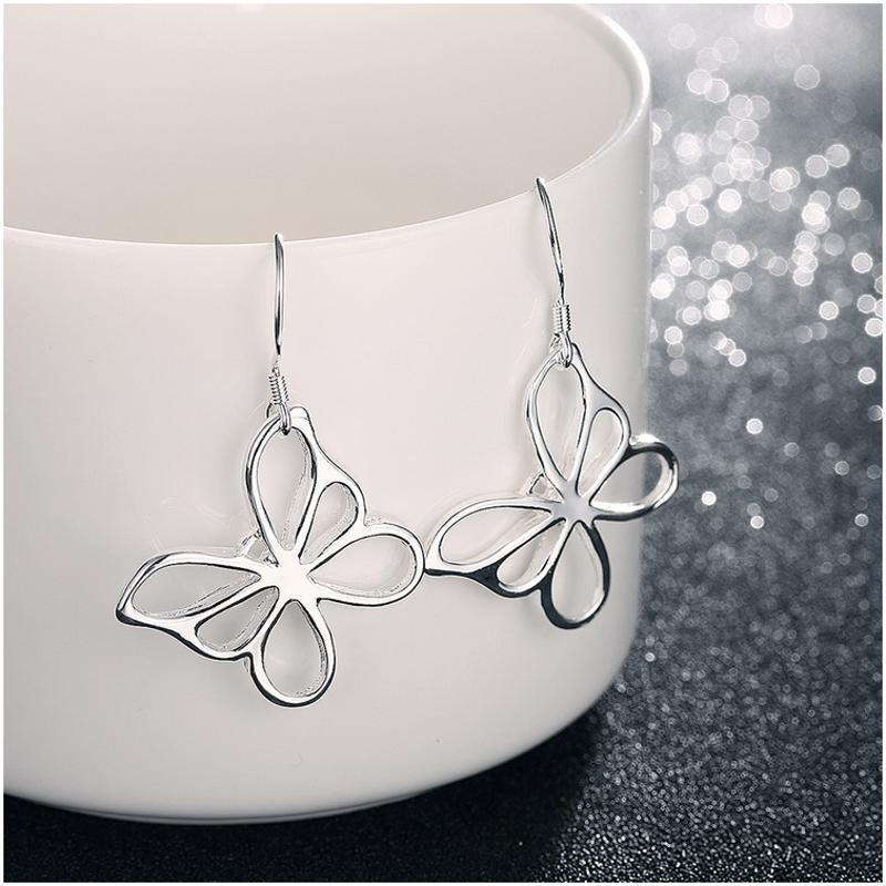 E011Women silver plated earring镀925纯银时尚甜美蝴蝶耳环耳饰