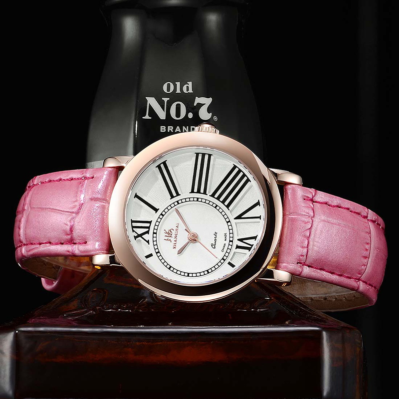 上海表SHANGHAI手表 防水女士潮流时尚真皮表带女表 石英表女士腕表皮革真皮表带女表粉色腕表X632高清大图