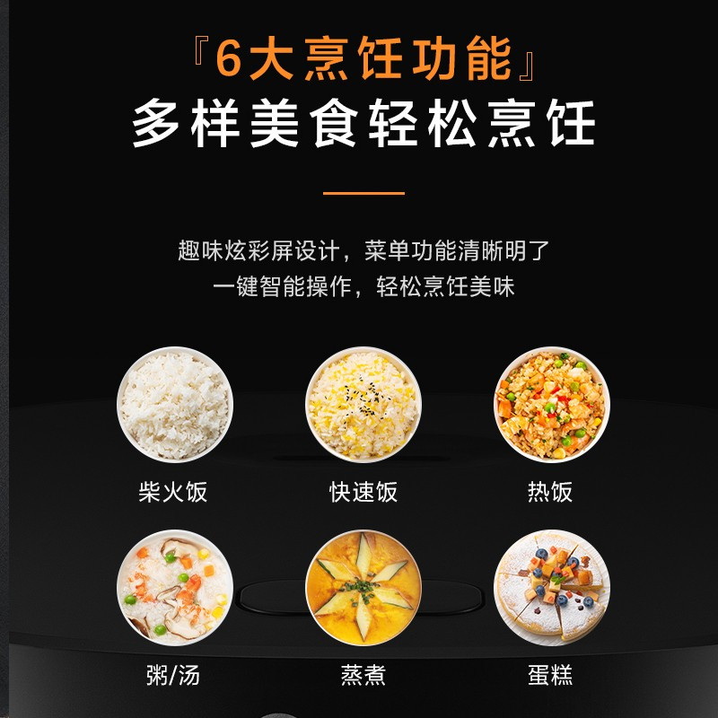 美的(Midea)电饭煲家用电饭锅蒸饭锅智能小家电多功能柴火饭煮粥米饭锅 [5L炫彩大屏]微压焖香MB-RE529