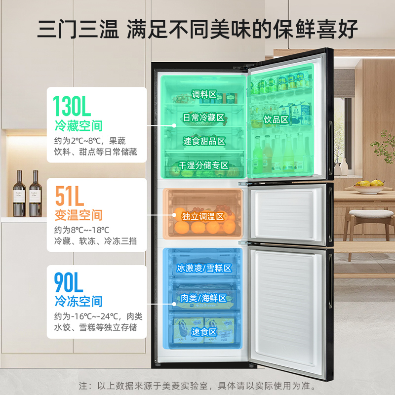美菱271升三门冰箱自营 59.6cm窄机身小冰箱 一级能效风冷无霜净味家用超薄电冰箱以旧换新BCD-271WP3CX灰