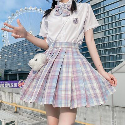 jk制服格裙子小学生三件套装正版女学院风一套百褶裙夏季12岁全套 玻璃糖格裙+浩海衬衫+领结大礼包 xxs儿童款(请咨询