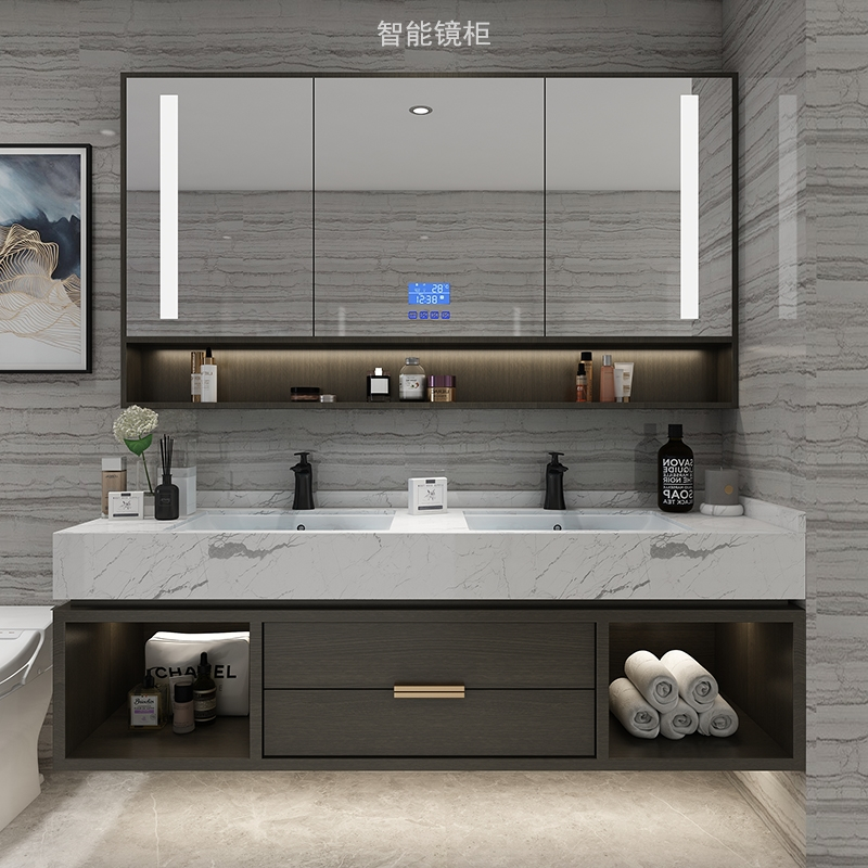 间洗漱台洗脸洗手盆柜大理石双盆定制闪电客浴室柜80cm智能镜柜款视频