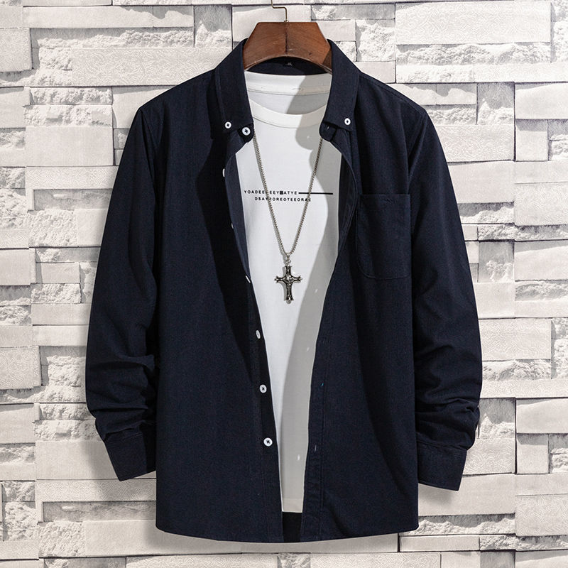 春秋款纯色磨毛有口袋青中老年长袖韩版修身灯芯绒宽松衬衫男 藏青色 3XL