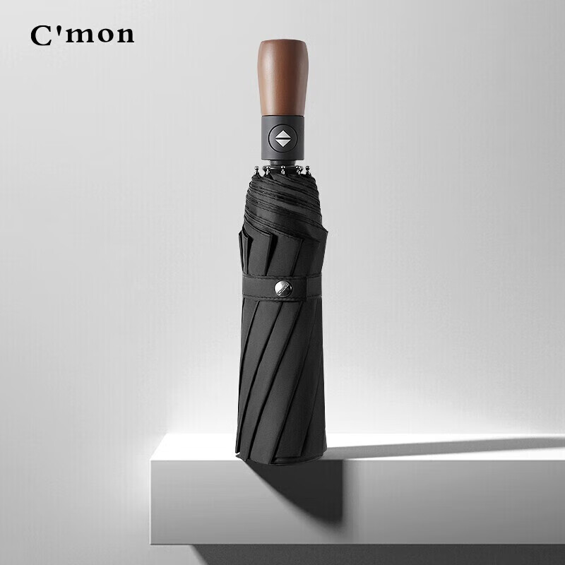 C'mon全自动晴雨伞三折大号防晒太阳伞便携雨伞男 10骨金圈木柄自动伞