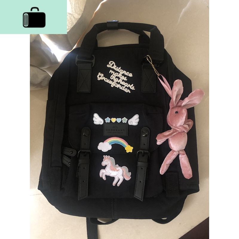 甜甜圈双肩包石灰色独角兽学生书包旅行包电脑双肩背包女NEW LAKE 典雅黑标准号16L送5款刺绣贴+挂件