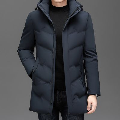 羽绒服男士冬季中长款2024冬装新款连帽潮牌加厚冬季新款连帽羽绒服男商务休闲纯色防寒保暖外套男高端白鸭绒外套可拆卸帽子 灰色 175/88A