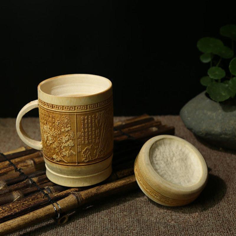 天然竹茶杯雕刻竹杯带盖竹杯竹水杯竹工艺品天然竹制品厂家直销雕刻带