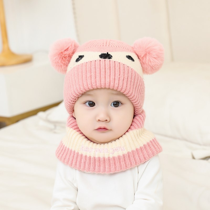 冬款宝宝加厚保暖帽子围脖两件套婴儿毛线帽萌宝宝围脖针织帽