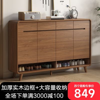 鞋柜家用门口实木框架入户新中式玄关大容量新款室内收纳柜 胡桃木色95.5cm长 包安装