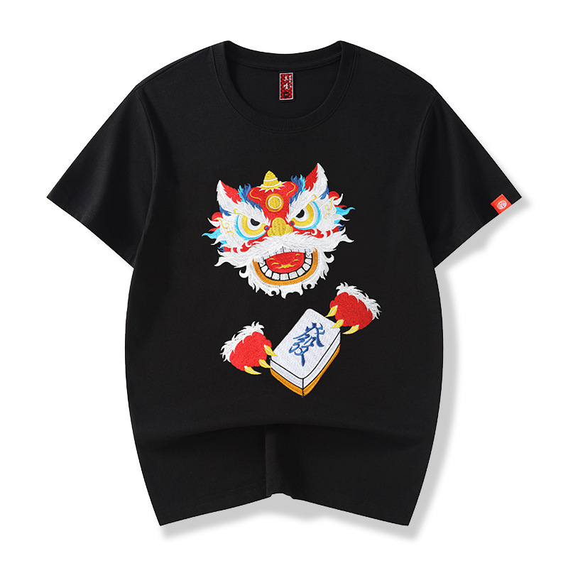 夏季新款中国风 国潮醒狮刺绣半袖潮流宽松上衣休闲短袖t恤男