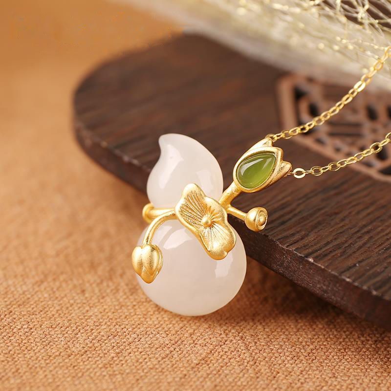 中国风鎏金工艺荷叶葫芦玉石吊坠莲花福禄连连吊坠平安挂件新款福禄