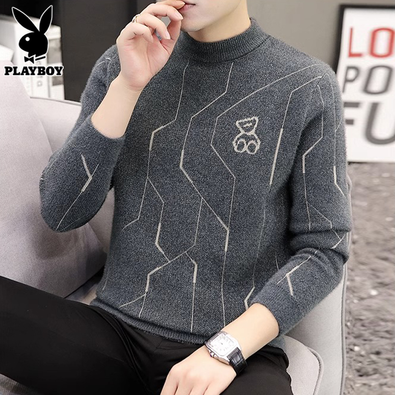 花花公子水貂绒毛衣男士半高领打底毛线衣春秋季新款修身针织衫新高清大图