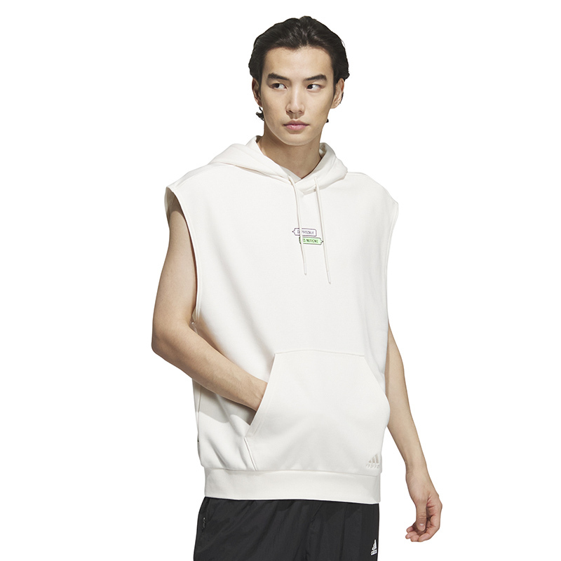 adidas纯色字母刺绣细节运动无袖连帽卫衣男款粉白ia8165视频