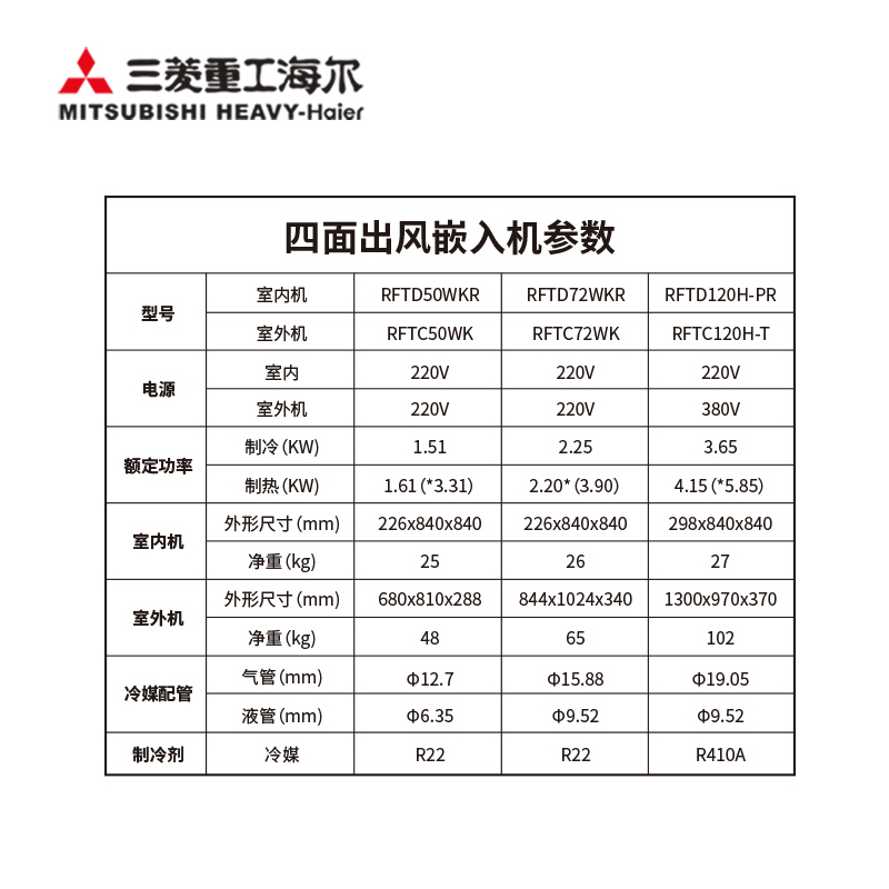 三菱重工海尔一拖一家用中央空调 2匹定速嵌入机RFTD50WKR/RFTC50WK