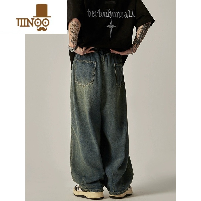 YANXU美式潮牌ins高街复古水洗做旧阔腿牛仔裤男宽松直筒休闲长裤子高清大图