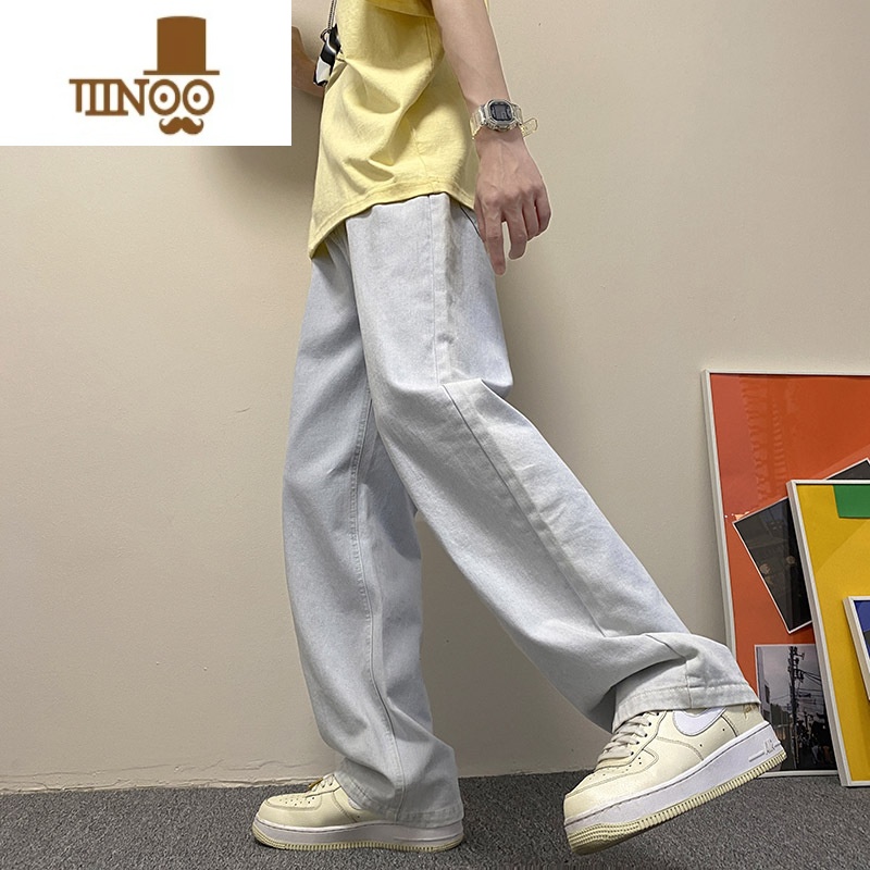 YANXU浅色牛仔裤子男生夏季潮牌情侣宽松百搭阔腿高街学生休闲长裤高清大图