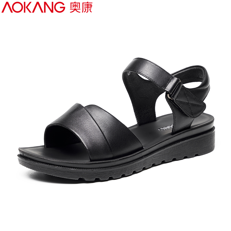 奥康女鞋夏季新款休闲女凉鞋一字带牛皮软面妈妈凉鞋子 黑色 37