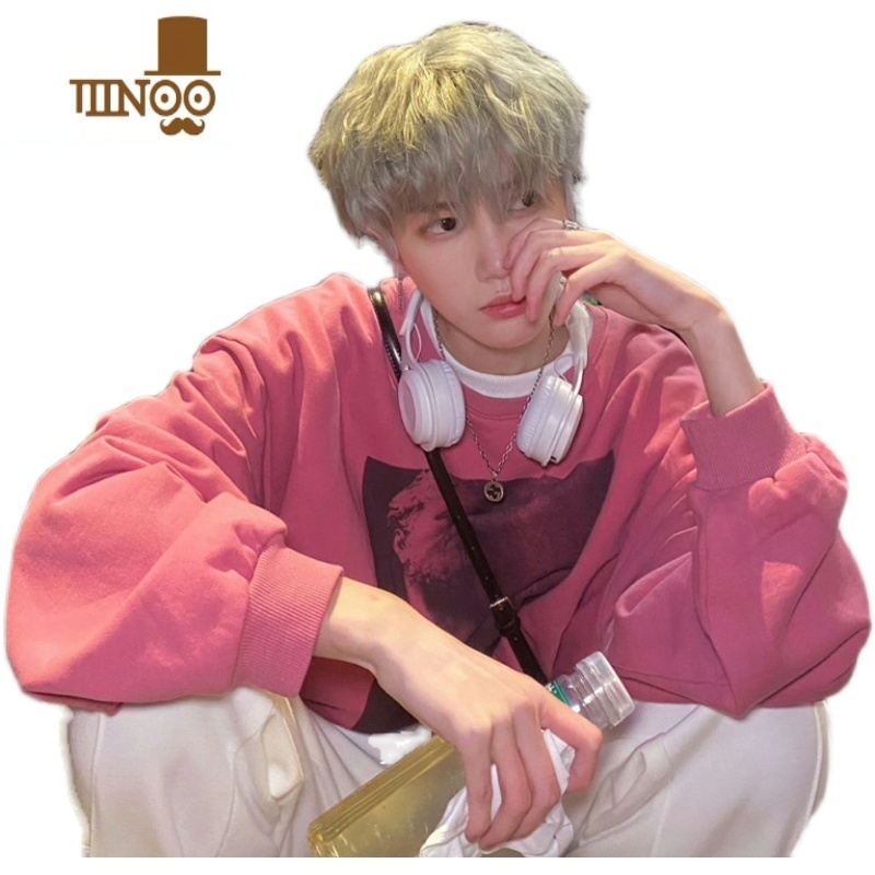 YANXU粉色美式复古圆领卫衣男款潮牌oversize小众情侣装外套高清大图