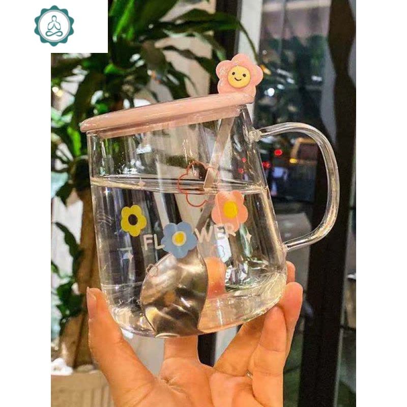 小清新耐热玻璃杯简约家用早餐杯便携学生带把茶杯少女可爱水杯子 封后 flowerTH0001手柄玻璃杯图片