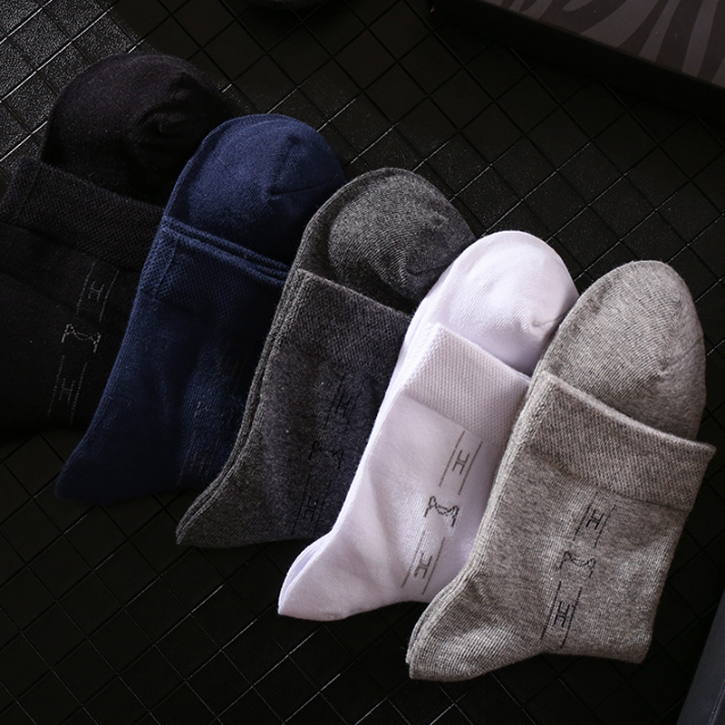 【5双装】猫人男士棉袜提花商务休闲中筒袜精美盒装无缝袜头高弹舒适 均码-适合38-44码 浅灰-5双装