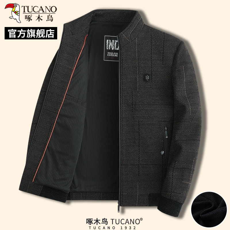 啄木鸟春季新款男士毛呢外套中年商务爸爸装休闲夹克衫立领上衣啄高清大图
