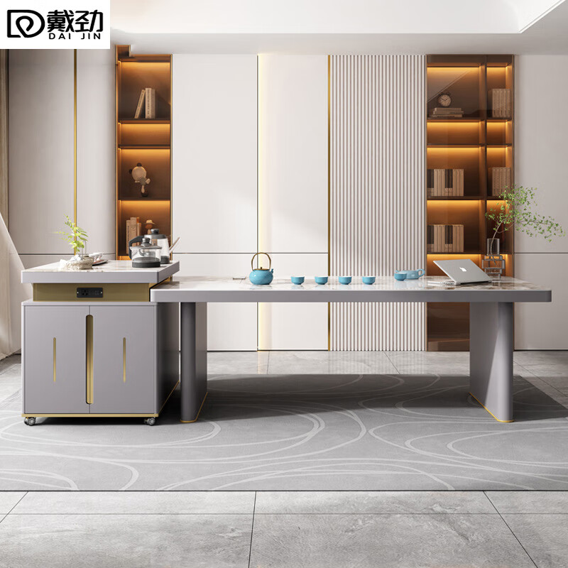 戴劲现代轻奢岩板餐桌岛台茶桌烧水壶一体桌客厅泡茶桌椅1.8米1桌6椅