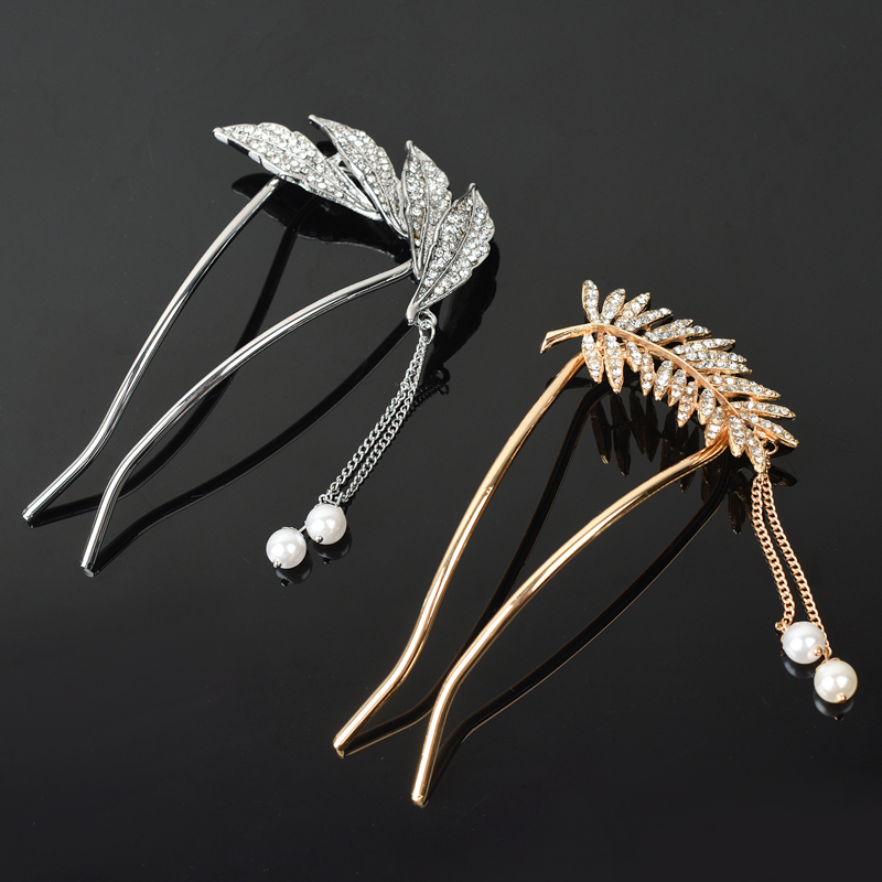 金属流苏u型发簪丸子头盘发神器头饰品女珍珠发夹后脑勺发卡簪子花朵