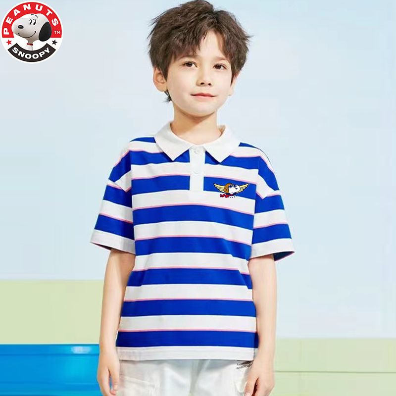 史努比(SNOOPY)儿童T恤男大童条纹POPL衫男孩夏季中大童棉半袖 23TP01