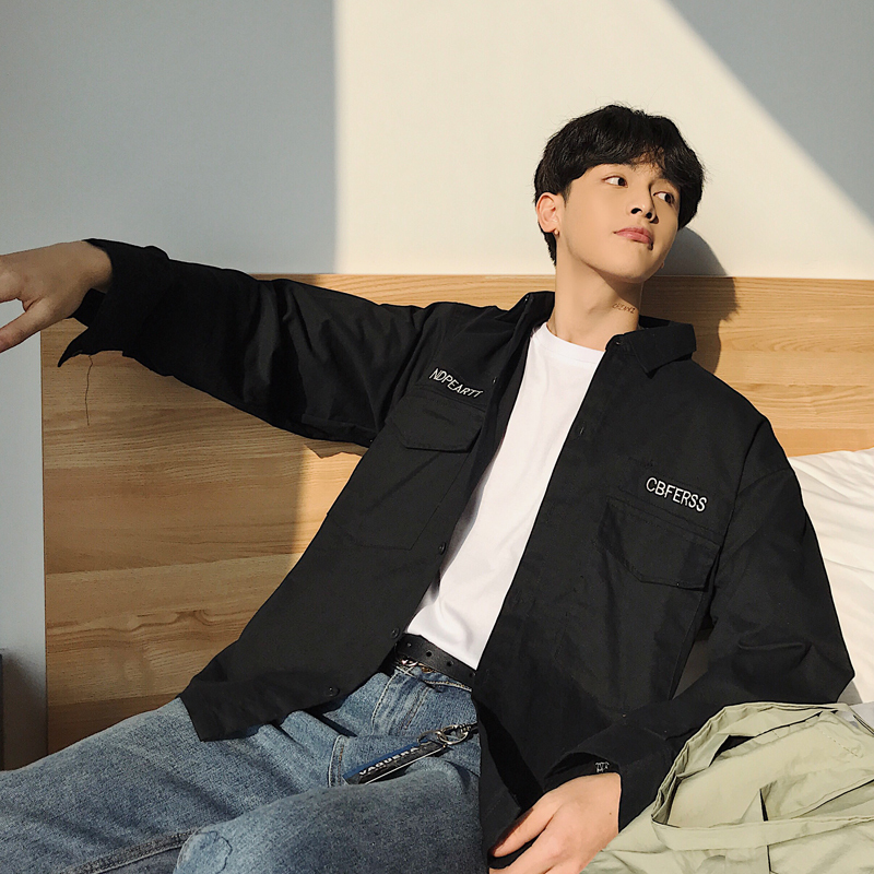 欧蔓得2019港风工装衬衫男韩版潮流宽松帅气百搭休闲外套男潮牌衬衣