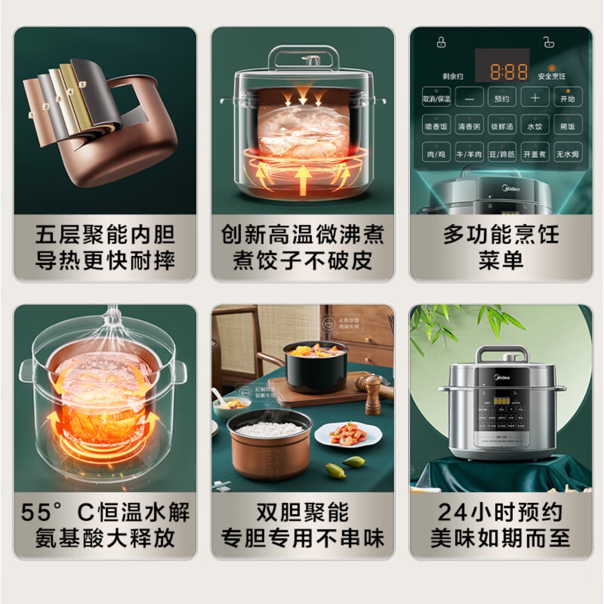 美的(Midea)电压力锅6升电高压锅家用电饭锅电饭煲大容量双胆高压煮饭多功能智能预约 煲汤炖肉特设去腥增浓 【精致大屏