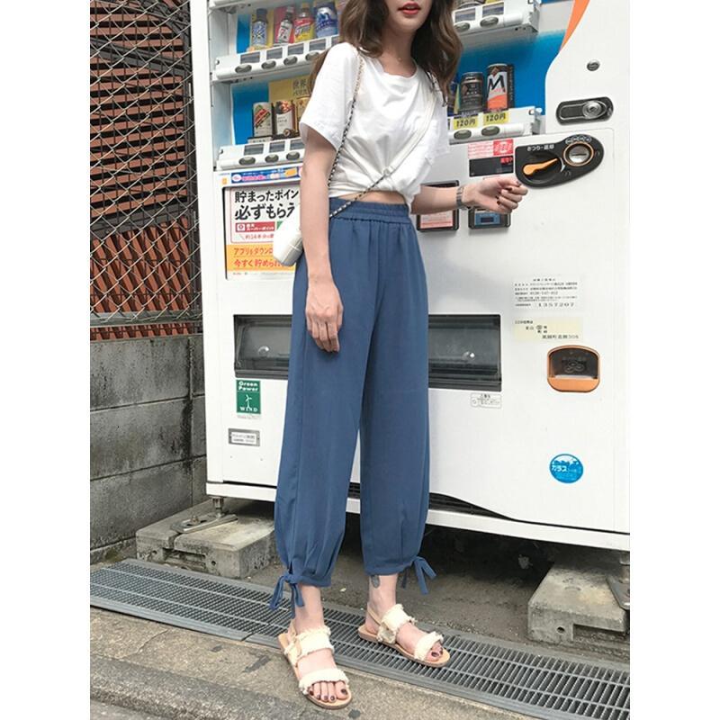 休闲高腰灯笼裤女夏2018新款学生宽松裤脚系带束脚裤薄款九分裤子