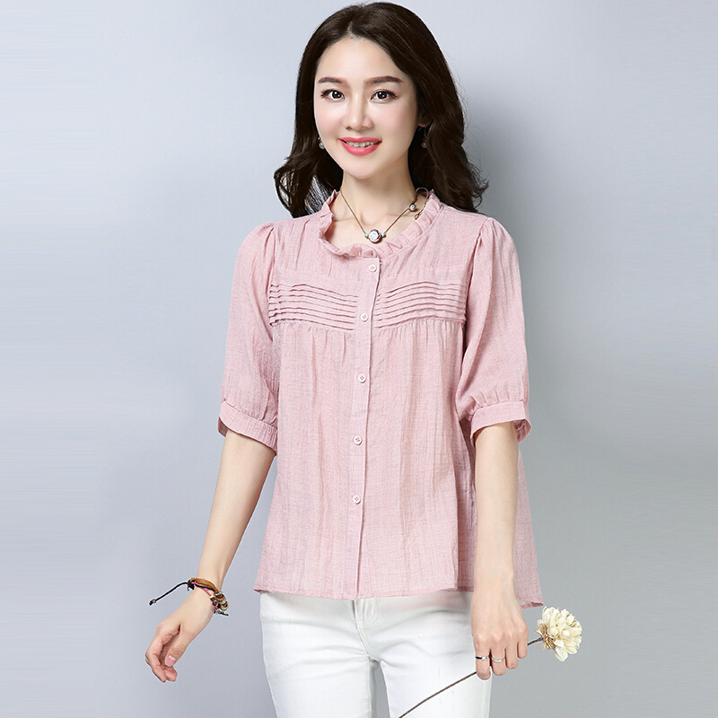 花领棉麻衬衫t恤女2018夏装新款亚麻短袖遮肚子宽松显瘦中袖上衣