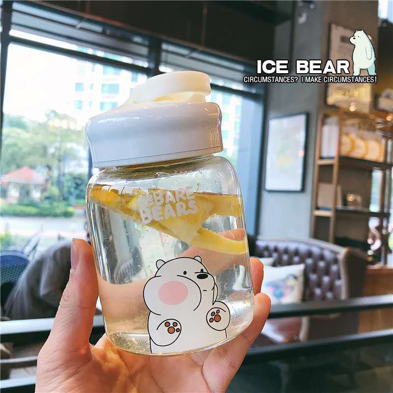 创意卡通玻璃杯便携水杯女学生韩版可爱少女心小清新简约儿童杯子 白熊-支架杯盖-300ml 单杯