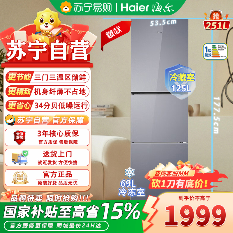 海尔(Haier) BCD-251WGHC3E7AS 251升风冷变频三门冰箱高清大图