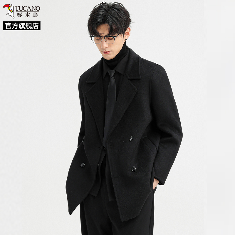 啄木鸟双面羊毛外套男冬季新款西装加厚短款风衣毛呢大衣呢子西服