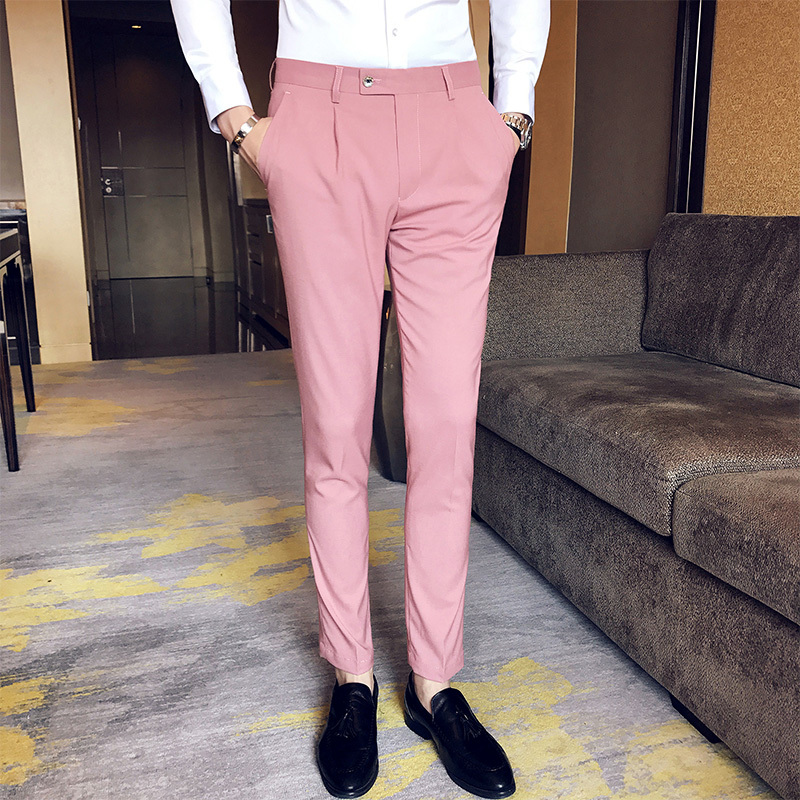 粉红色休闲裤男士直筒裤2018年夏天薄西裤型师职业装粉色小脚裤